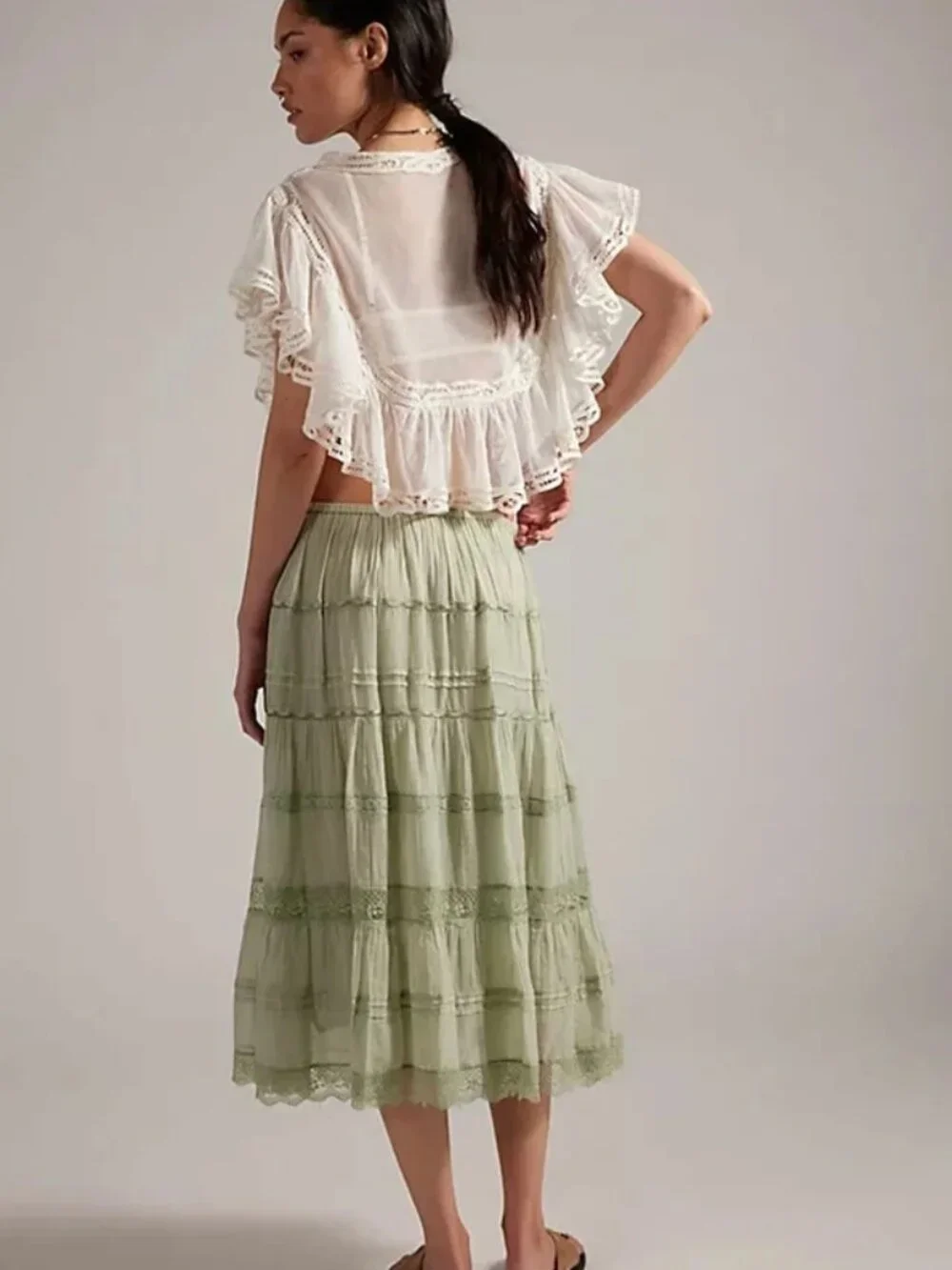 Free People FP One Lily Lace Midi Skirt Green Pull-on Elastic Waistband M